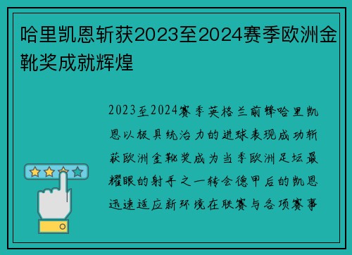 哈里凯恩斩获2023至2024赛季欧洲金靴奖成就辉煌 哈里凯恩斩获2023至2024赛季欧洲金靴奖成就辉煌